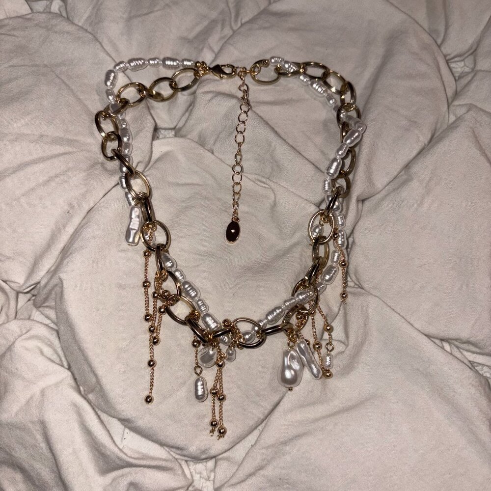 Free People Mixed Media Baroque Pearl & Gold Chain Statement Necklace